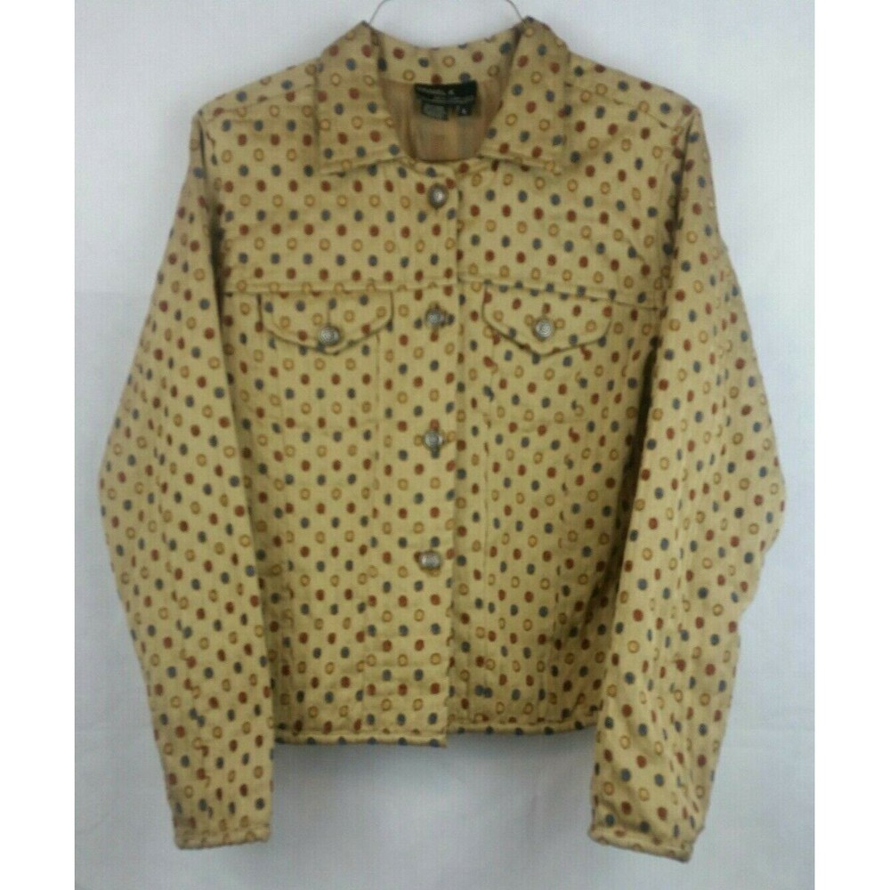 Daniel K Woman's (L)  Gold Jacket with Blue/Red/Yellow Dots-Trucker Jacket Style